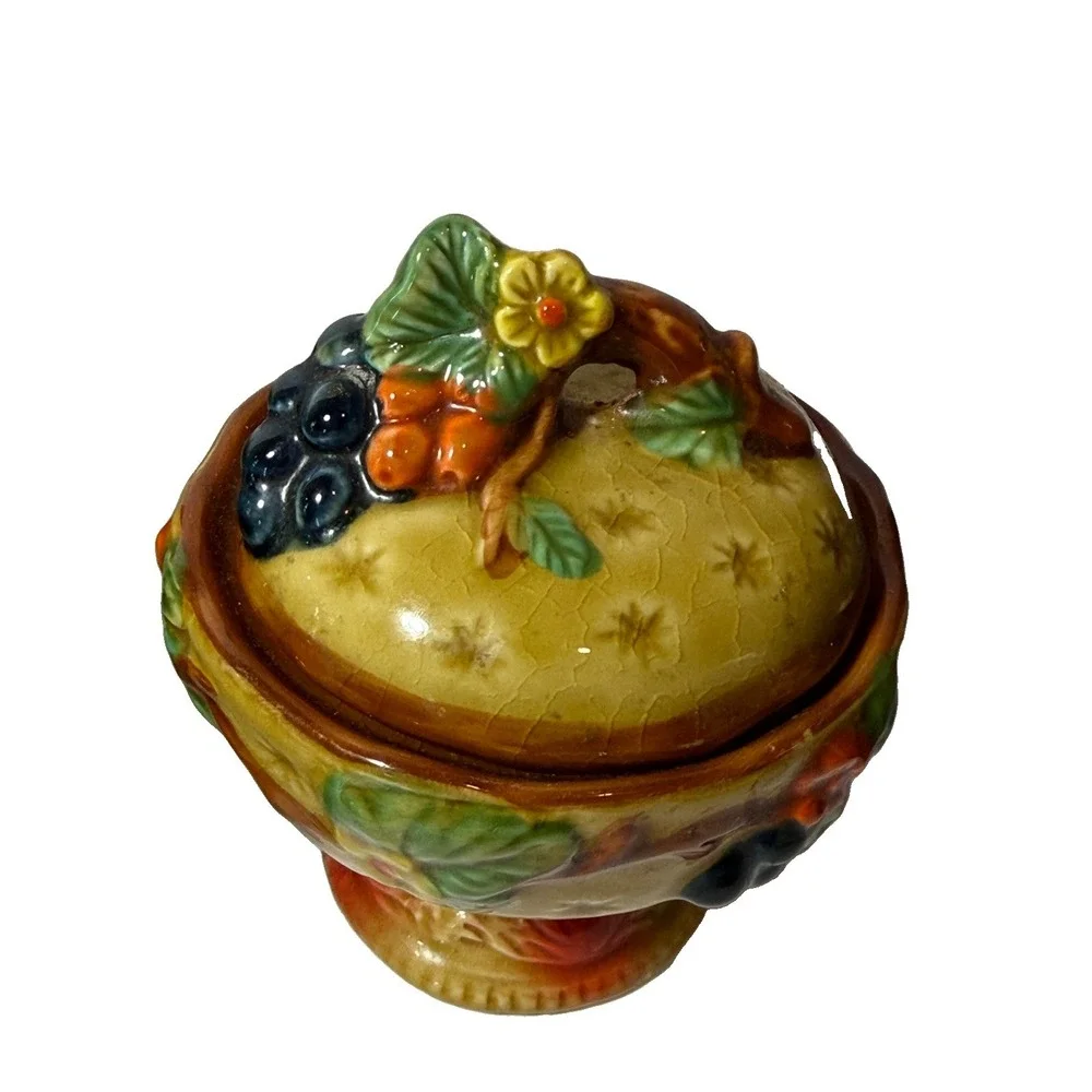 Vintage Majolica Ceramic Fruit Candy Dish Lid Pedestal Sugar Bowl Vintage